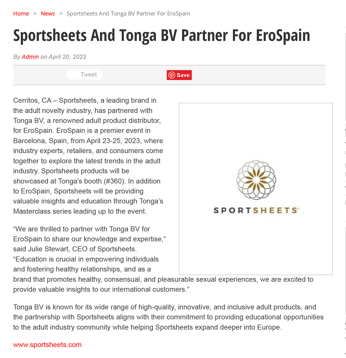 2023-04 Synergiemedia - Sportsheets And Tonga BV Partner For EroSpain